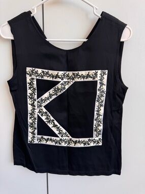 KENZO Black Sleeveless silk Floral Trim Top size 36